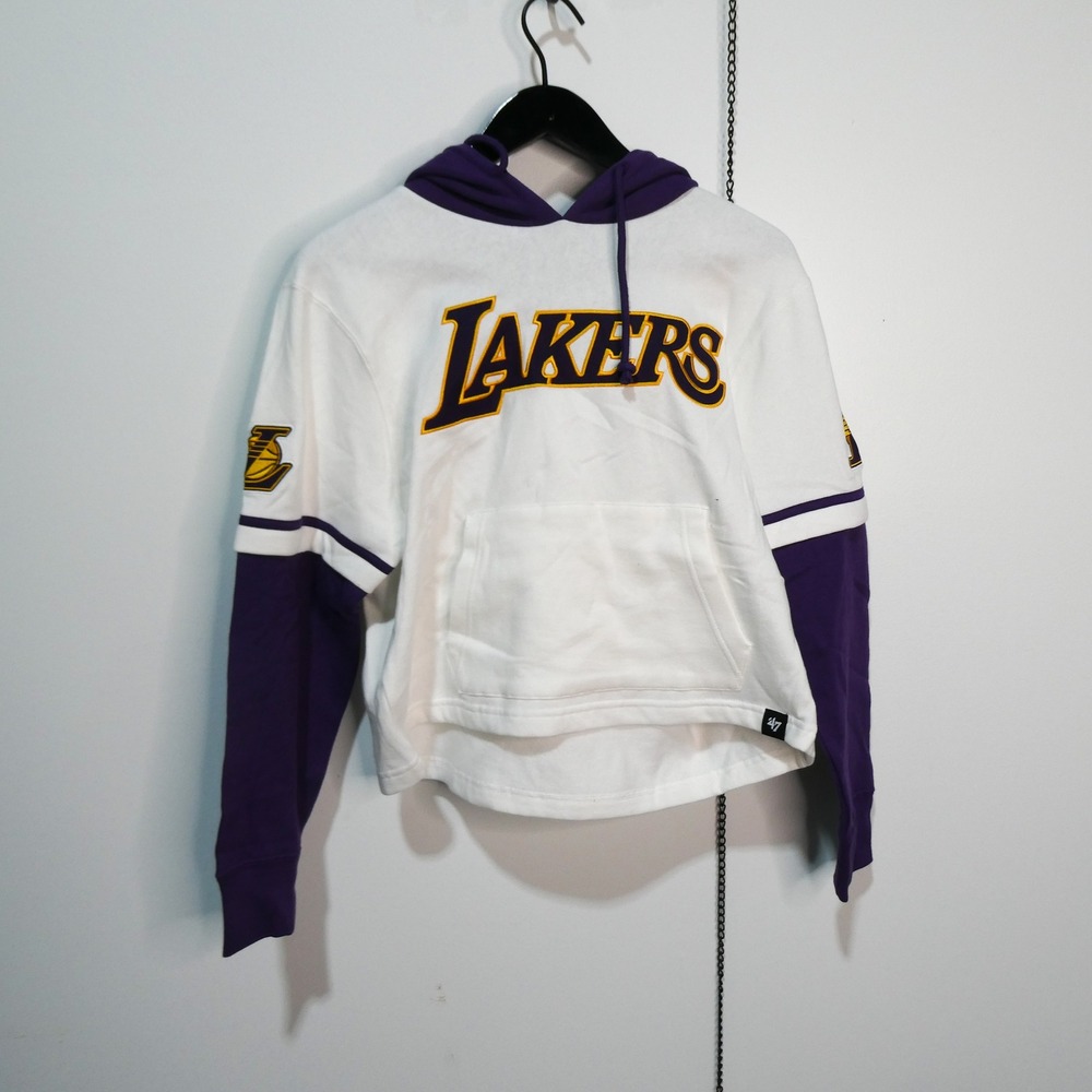 Lakers Hoodie Women Small '47 Brand White Purple Colorblock Cropped Pullover New